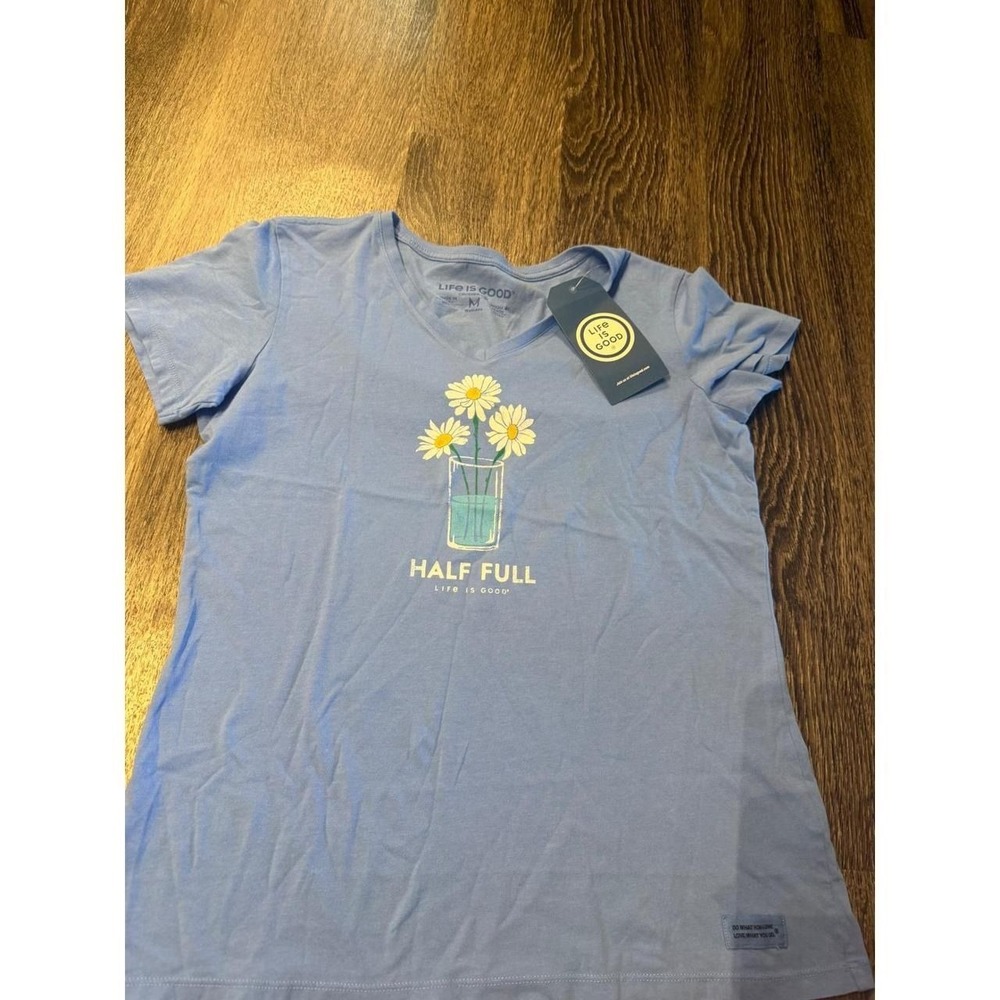 Life is Good Womens Crusher-Lite Half Full Daisy V-Neck T-Shirt Blue M NWT